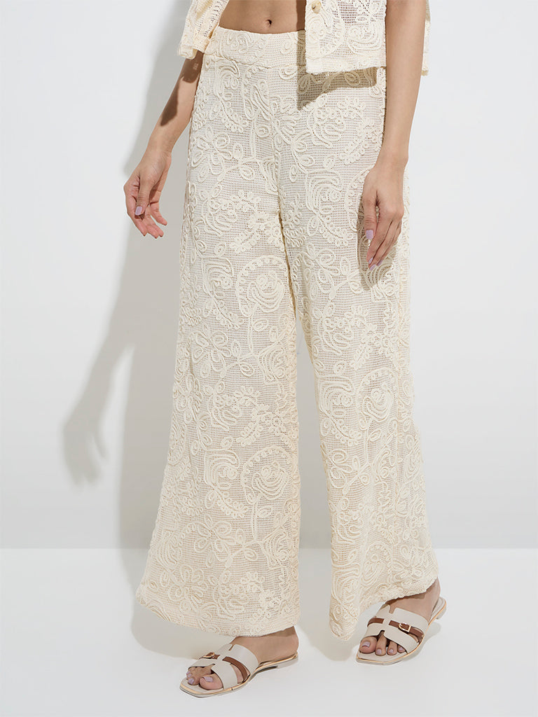 LOV Off-White Floral Lace Design Mid-Rise Cotton Trousers - Image 3