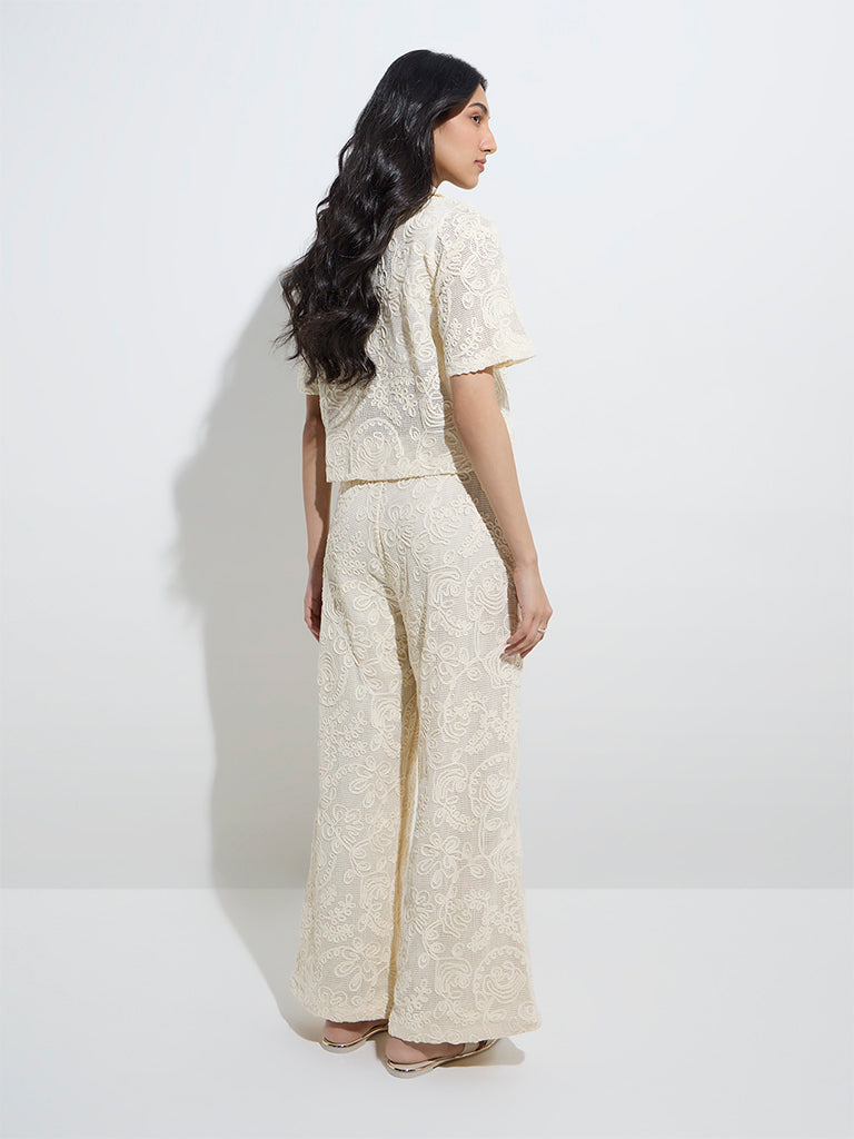 LOV Off-White Floral Lace Design Mid-Rise Cotton Trousers - Image 4