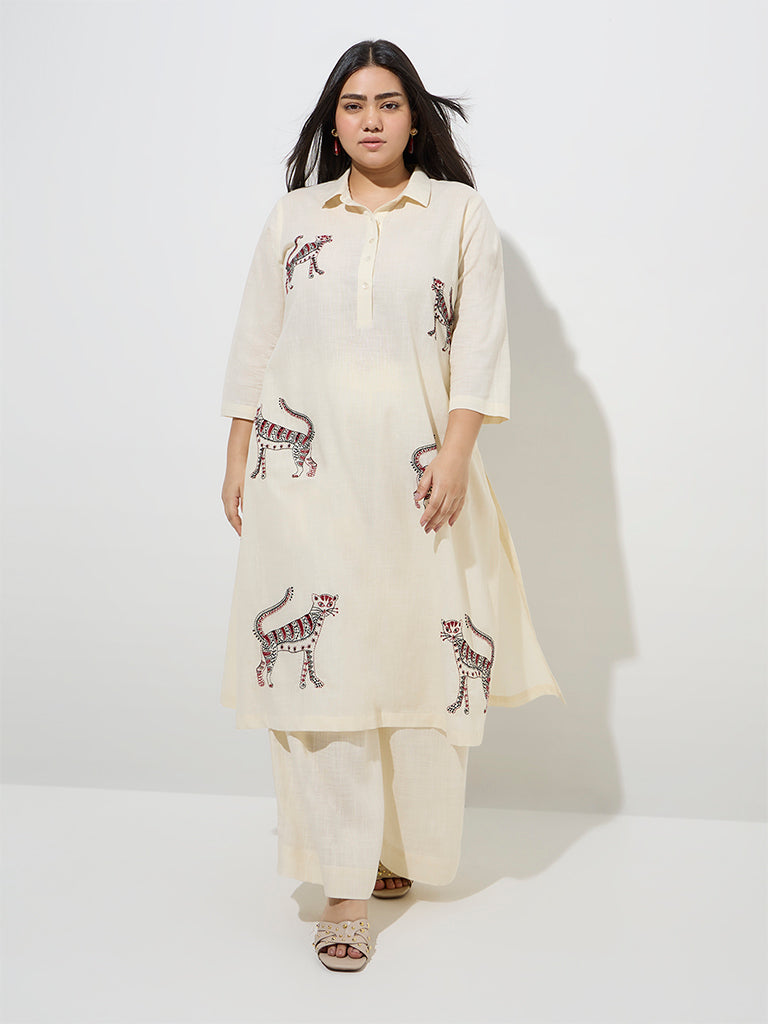 Diza Light Beige Animal Embroidered A-Line Kurta