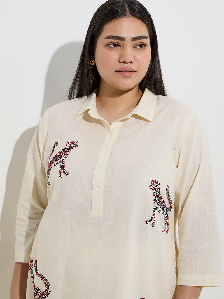 Diza Light Beige Animal Embroidered A-Line Kurta - Image 2