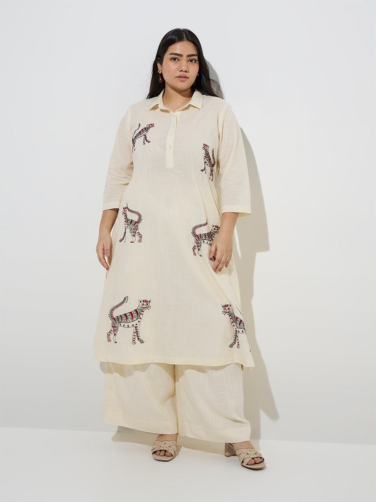 Diza Light Beige Animal Embroidered A-Line Kurta - Image 3
