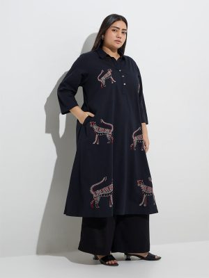Diza Black Animal Embroidered A-Line Kurta