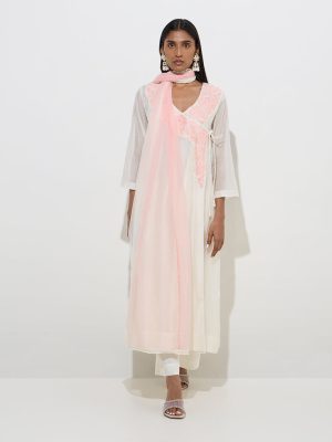 Vark White Floral Cotton-Blend Kurta. Pants and Dupatta Set