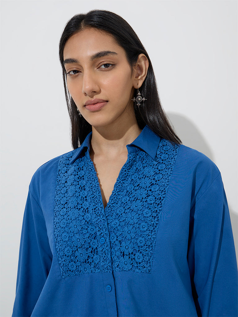 Utsa Indigo Floral Embroidered Cotton High-Low Ethnic Shirt - Image 2