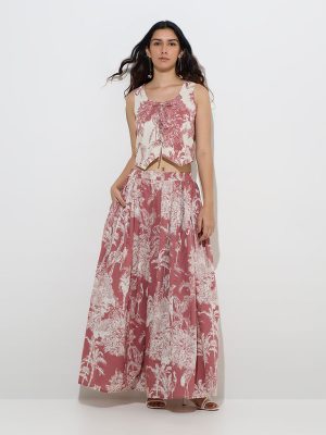 Utsa Off-White Botanical-Printed Knot-Detailed Cotton Top