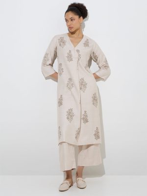 Zuba Beige Botanical Print Silk A-Line Kurta
