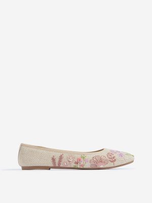 LUNA BLU Beige Floral Embroidered Ballerina