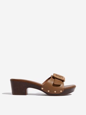 LUNA BLU Tan Buckle-Detailed Block-Heel Sandals