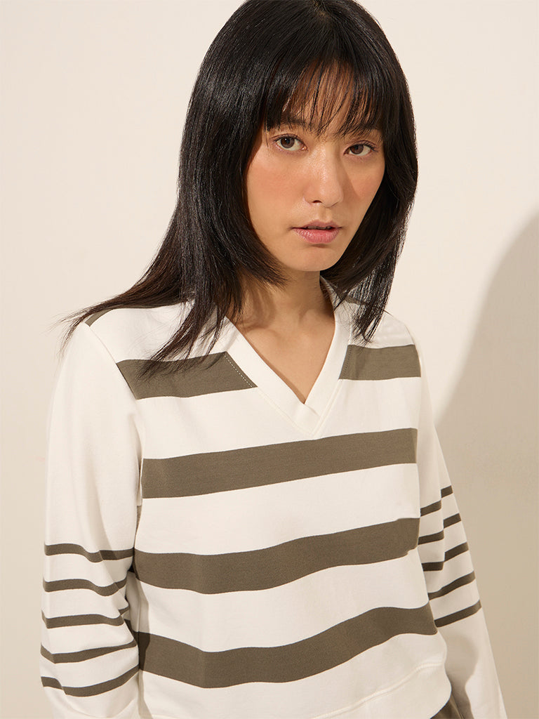 Studiofit Olive Striped Cotton-Blend T-Shirt - Image 2