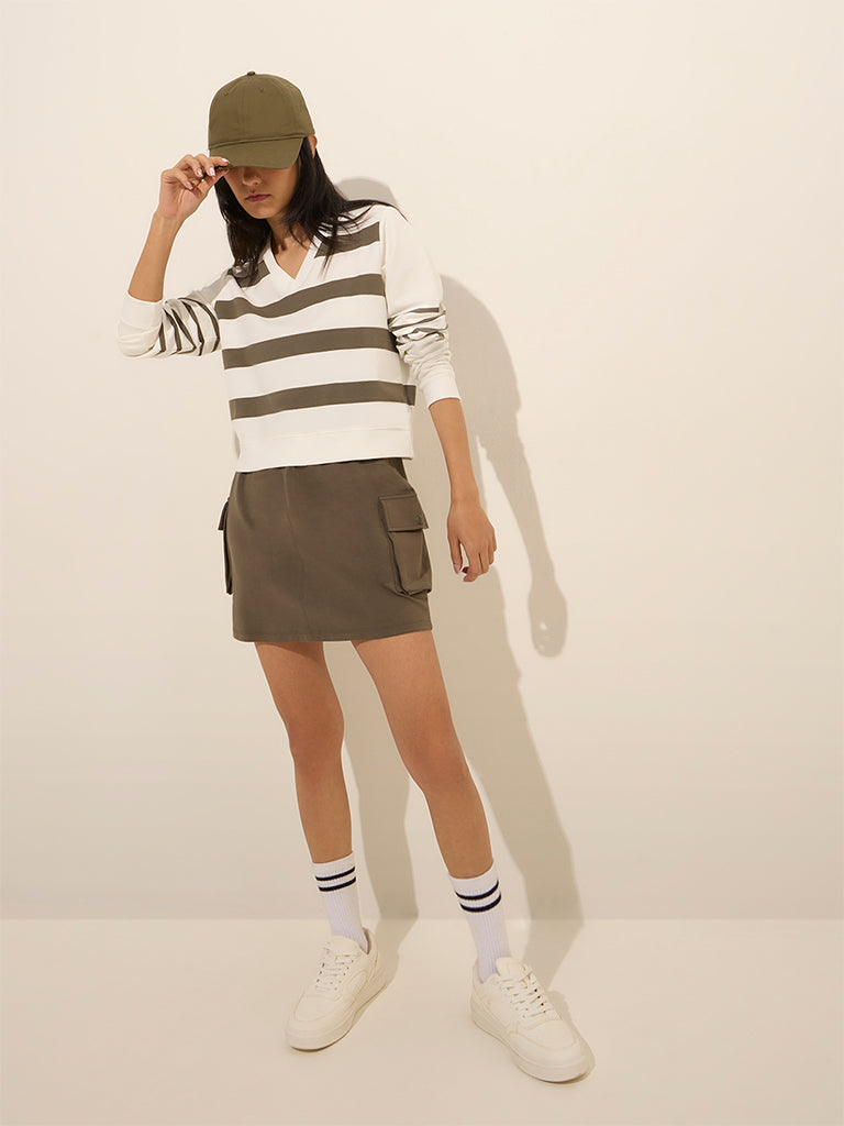 Studiofit Olive Striped Cotton-Blend T-Shirt - Image 3