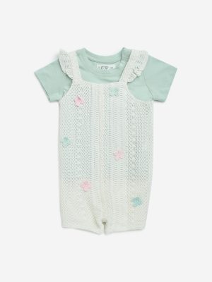 HOP Baby White Crochet Cotton-Blend Dungaree & T-Shirt Set