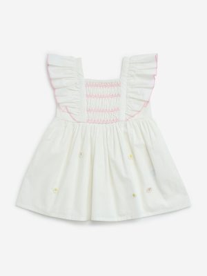 HOP Baby White Floral Embroidered Cotton A-Line Dress