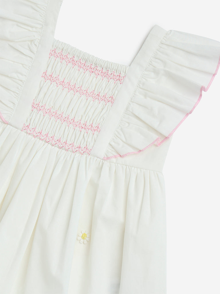 HOP Baby White Floral Embroidered Cotton A-Line Dress - Image 3