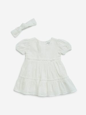 HOP Baby White Schiffli Cotton Tiered Dress with Headband