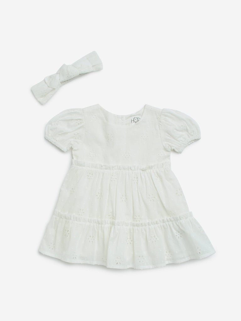 HOP Baby White Schiffli Cotton Tiered Dress with Headband