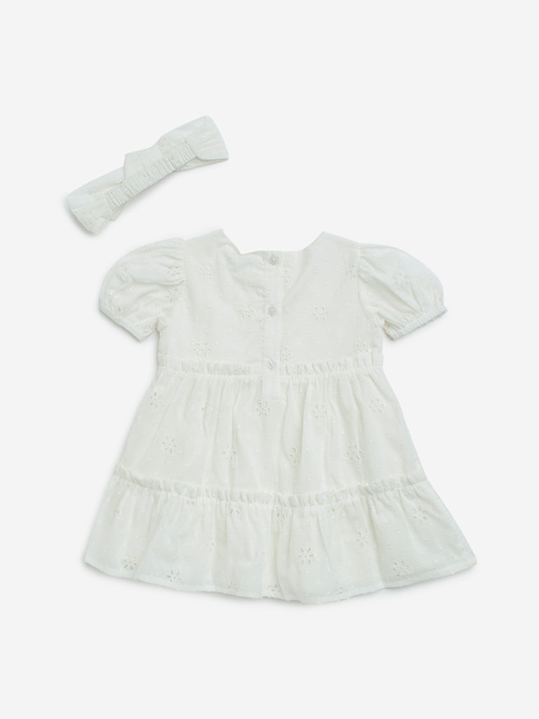 HOP Baby White Schiffli Cotton Tiered Dress with Headband - Image 2