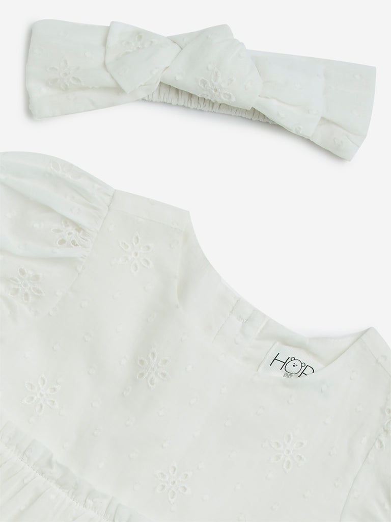 HOP Baby White Schiffli Cotton Tiered Dress with Headband - Image 3