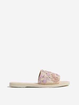 LUNA BLU Lilac Floral Embroidered Raffia Slides