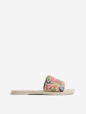 LUNA BLU Multicolour Floral Embroidered Raffia Slides