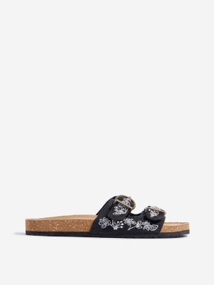 LUNA BLU Black Floral Embroidered Slip-On Sandals