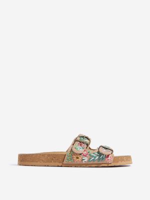 LUNA BLU Taupe Floral Embroidered Slip-On Sandals