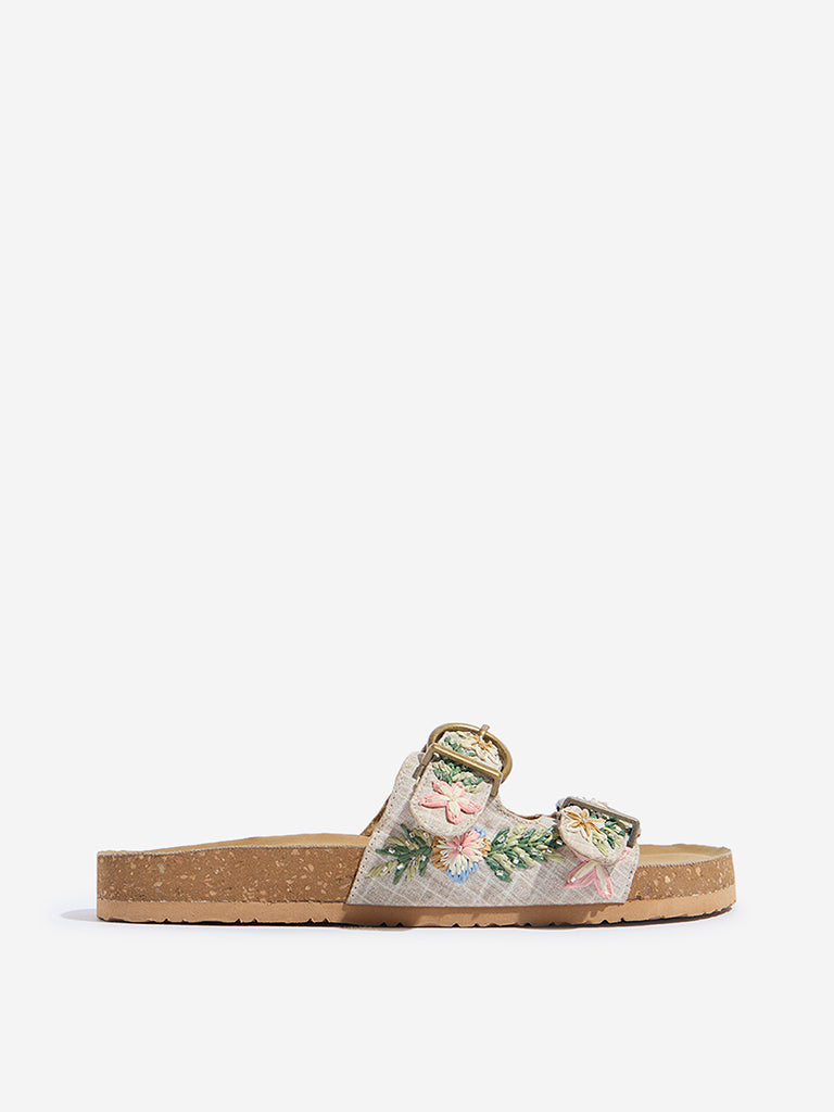 LUNA BLU Beige Floral Embroidered Sandals