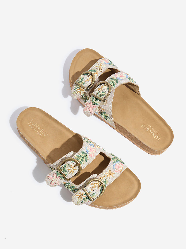 LUNA BLU Beige Floral Embroidered Sandals - Image 3