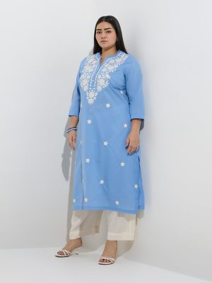 Diza Blue Lakhnavi Floral Embroidered A-Line Cotton Kurta