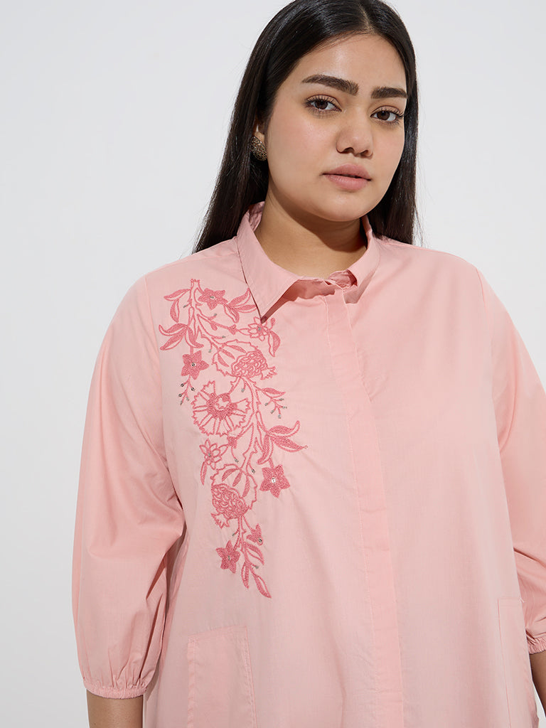 Diza Light Pink Floral Embroidered High-Low Cotton Kurta - Image 2