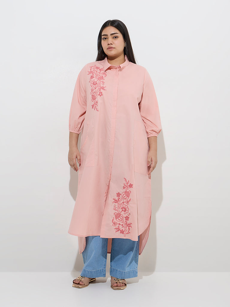 Diza Light Pink Floral Embroidered High-Low Cotton Kurta - Image 3