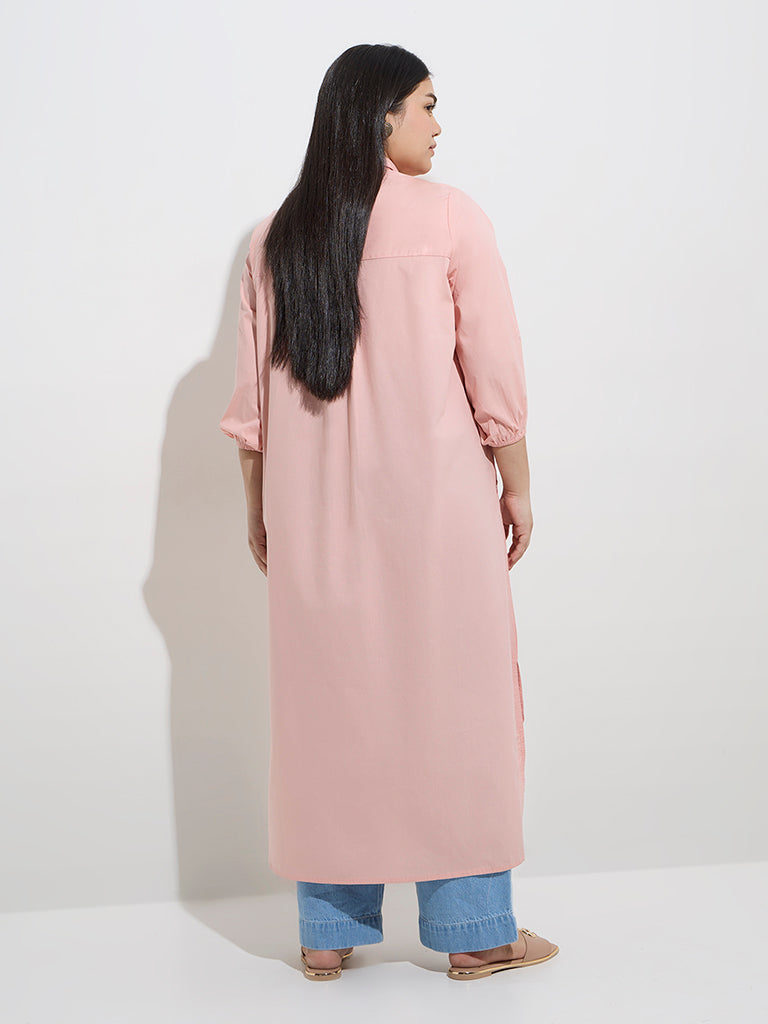 Diza Light Pink Floral Embroidered High-Low Cotton Kurta - Image 4