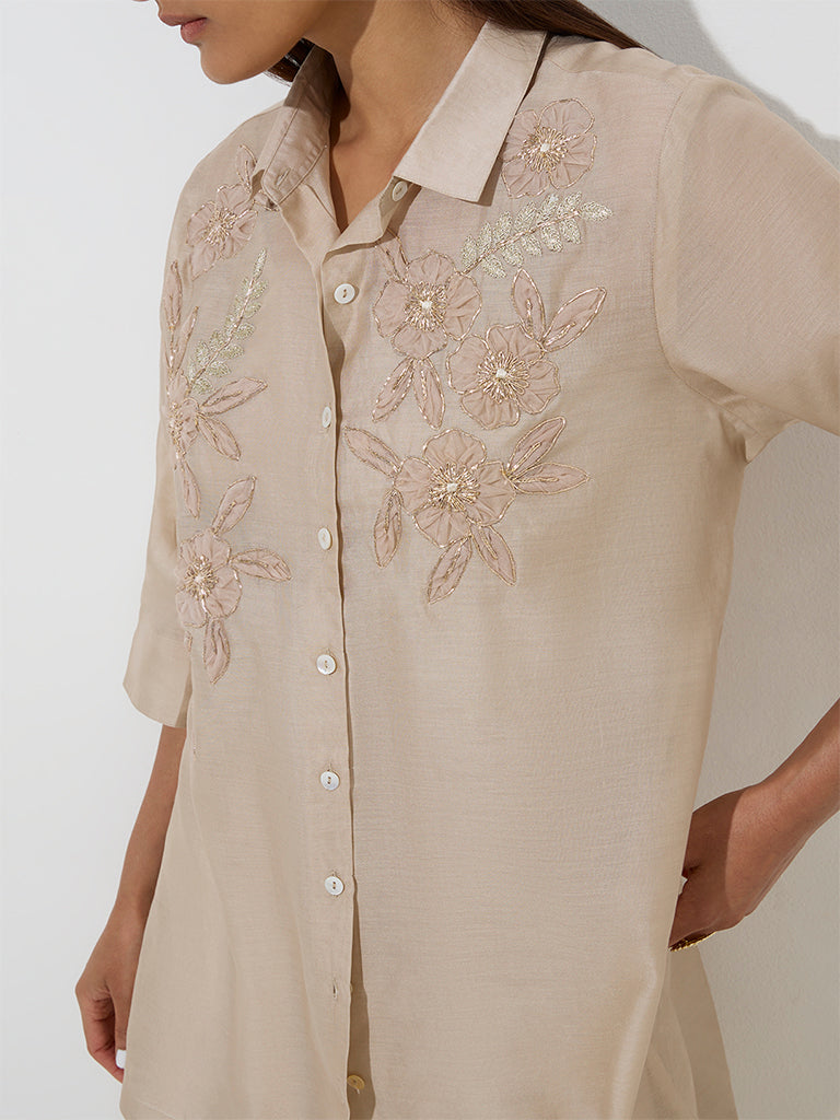 Vark Beige Floral Embellished Cotton-Blend Kurti with Inner - Image 2