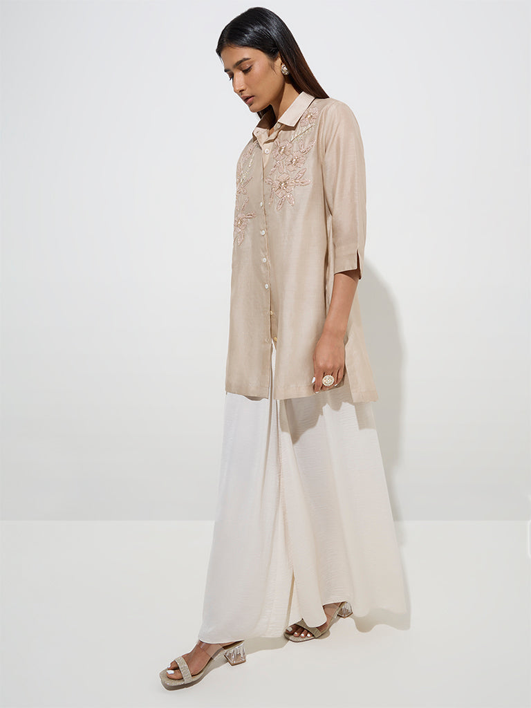 Vark Beige Floral Embellished Cotton-Blend Kurti with Inner - Image 3