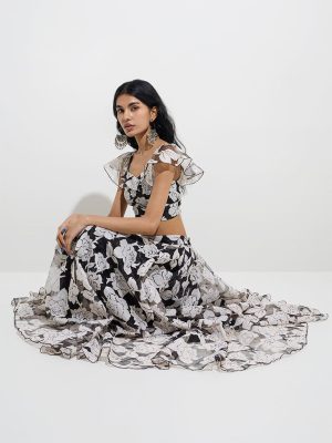 Vark Black Floral Printed Brasso Cotton-Blend Skirt