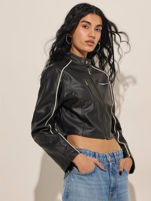 Nuon Black Text Design Faux-Leather Crop Jacket