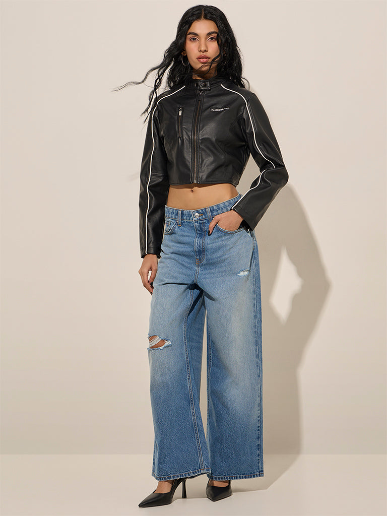 Nuon Black Text Design Faux-Leather Crop Jacket - Image 3