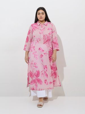 Diza Pink Botanical Printed A-Line Kurta