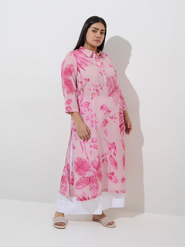 Diza Pink Botanical Printed A-Line Kurta - Image 3