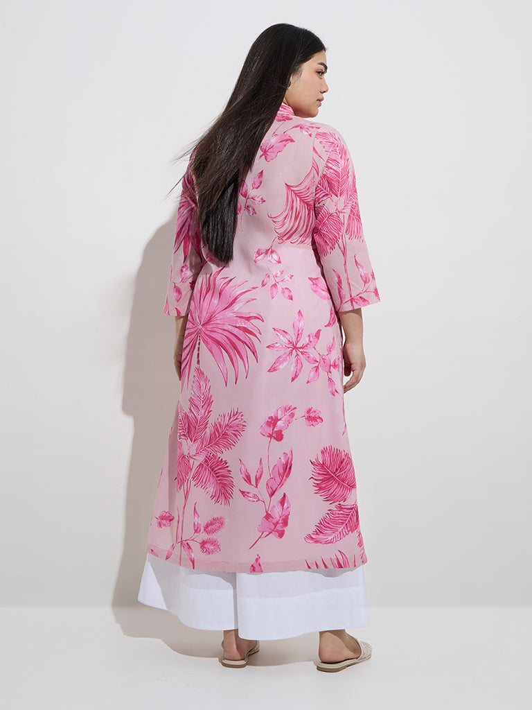 Diza Pink Botanical Printed A-Line Kurta - Image 4