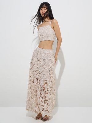 Vark Beige Floral Lace Embroidered Ethnic Top