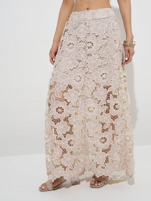 Vark Beige Floral Lace Embroidered Ethnic Skirt