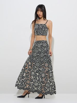 Vark Black Floral Lace Embroidered Ethnic Skirt