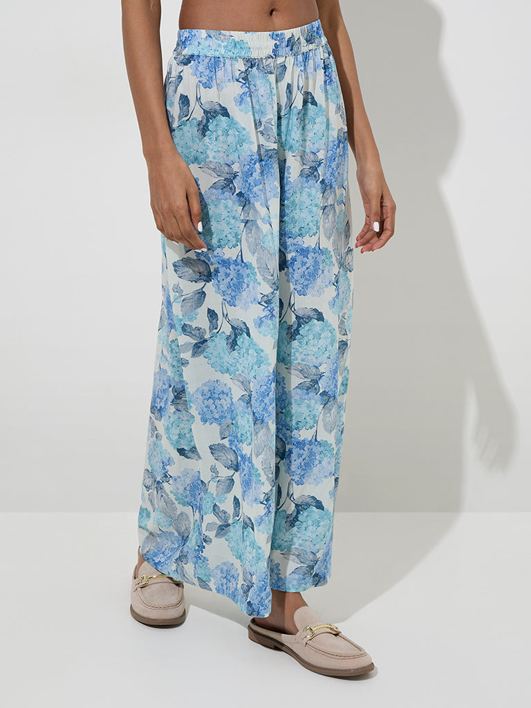 Zuba Blue Botanical Design Cotton-Blend Palazzos