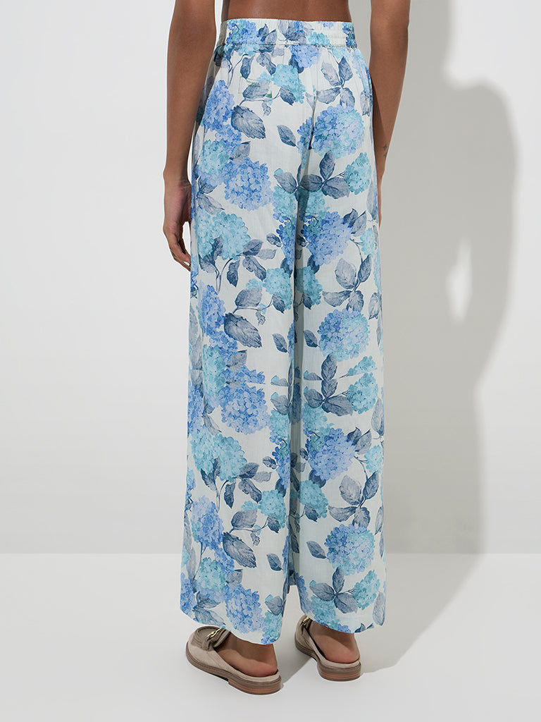 Zuba Blue Botanical Design Cotton-Blend Palazzos - Image 2