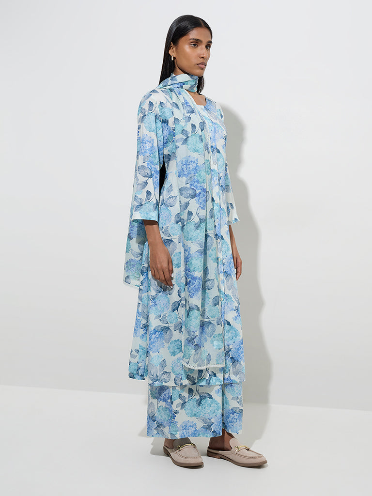 Zuba Blue Botanical Design Cotton-Blend Palazzos - Image 3