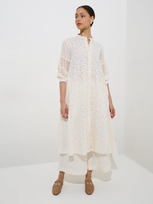 Zuba Off-White Floral Schiffli Design A-Line Cotton Kurta