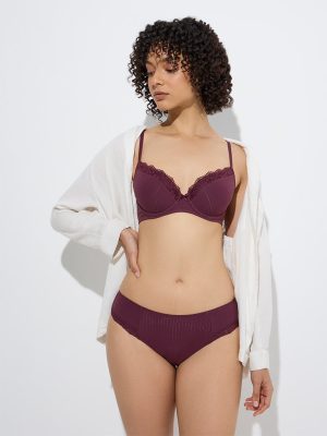 Wunderlove Wine Ribbed-Textured Underwired Cotton-Blend Bra