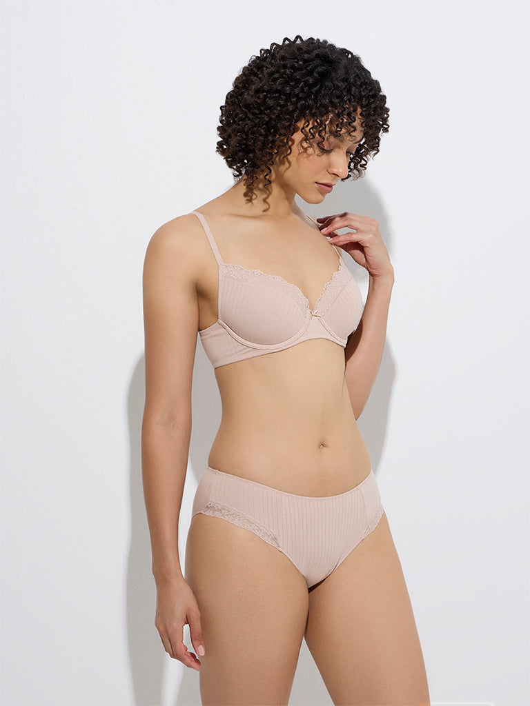 Wunderlove Taupe Ribbed-Textured Cotton-Blend Briefs