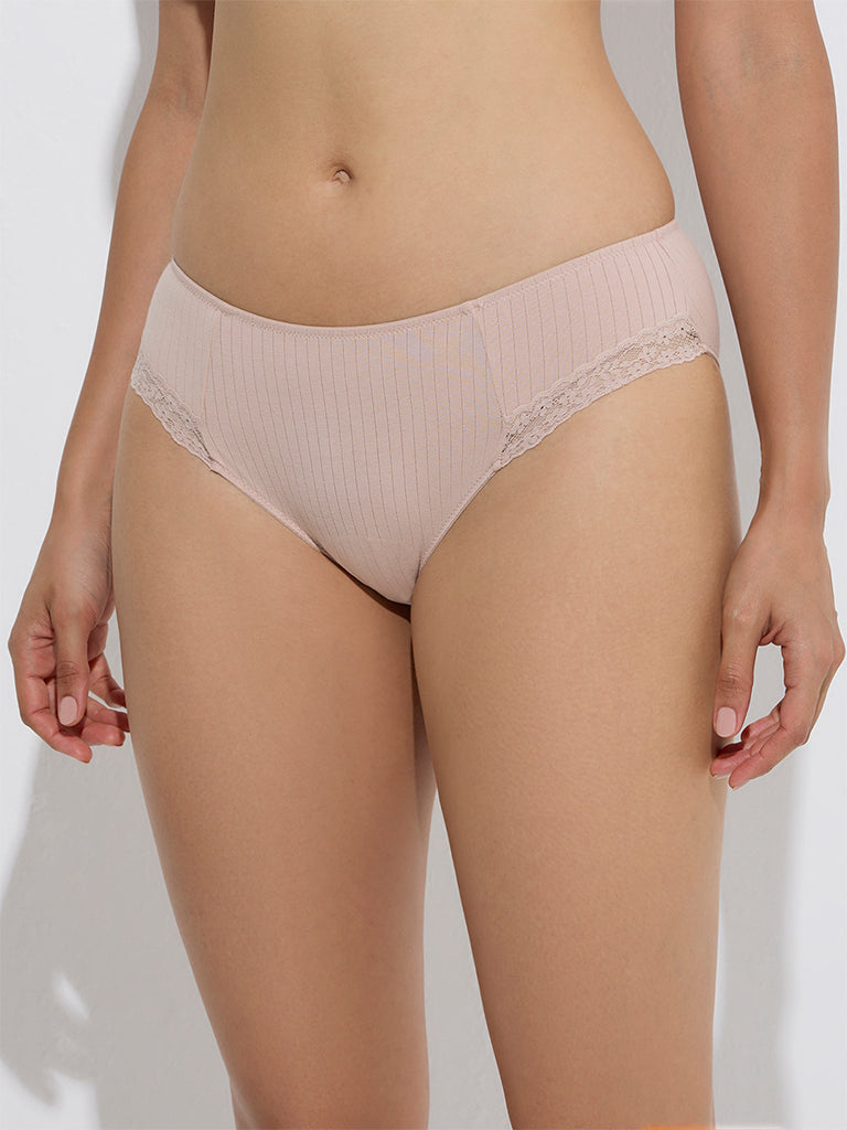 Wunderlove Taupe Ribbed-Textured Cotton-Blend Briefs - Image 2