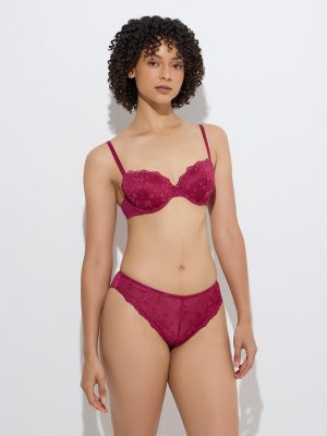 Wunderlove Maroon Lace-Detailed Brazilian Briefs